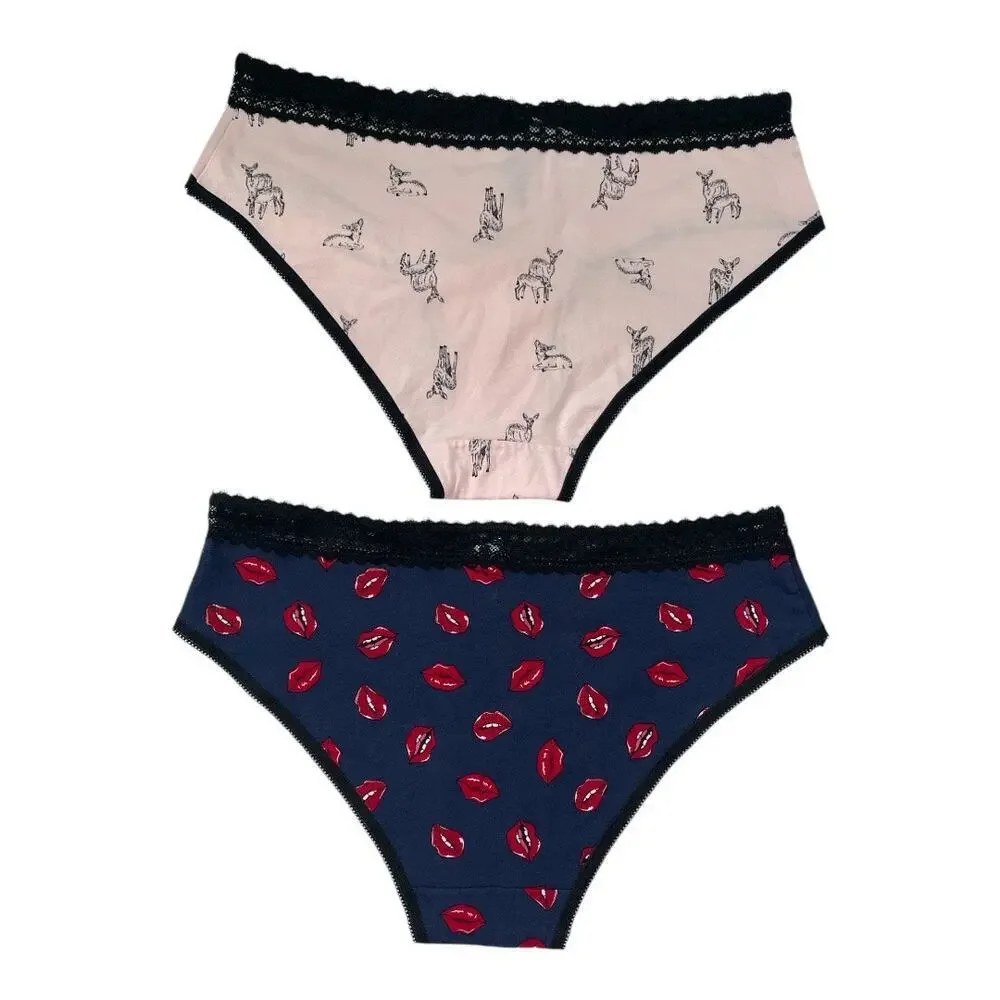 Torrid Set of 2 Cotton Mid-Rise Hipster Lace Waist Trim Panty Black Size 00 Lips